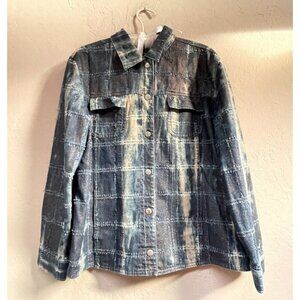 Chico's Design Womens Size 1 Blue Distressed Textured Check Pattern Denim Shirt